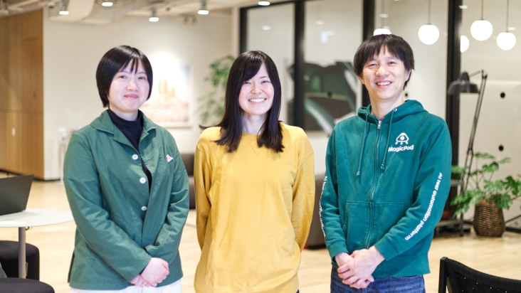 From the left: Yuka Murata, Frontend Tech Lead / Naomi Takasawa, Engineering Manager / Nozomi Ito, MagicPod CEO