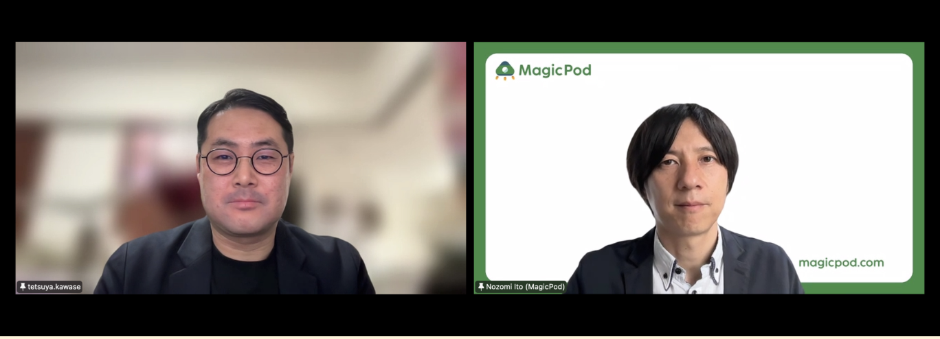 左から ・川瀬 鉄矢さん　テクノロジー本部 プロダクト開発統括部 Vista部 ・伊藤 望　MagicPod CEO
