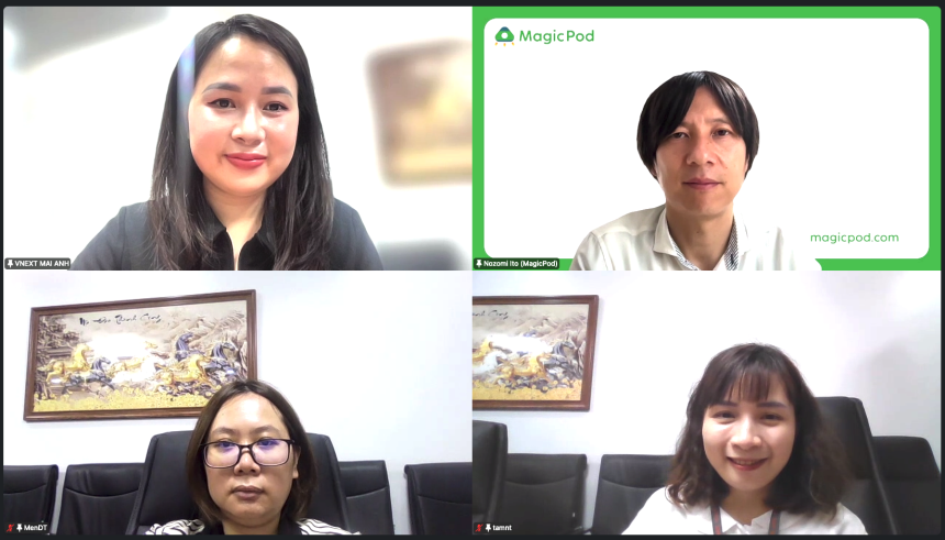 Counterclockwise from top left: ● Mai — Sales Team Leader ● Men — Test Leader ● Tam — Test Leader ● Nozomi Ito — MagicPod CEO