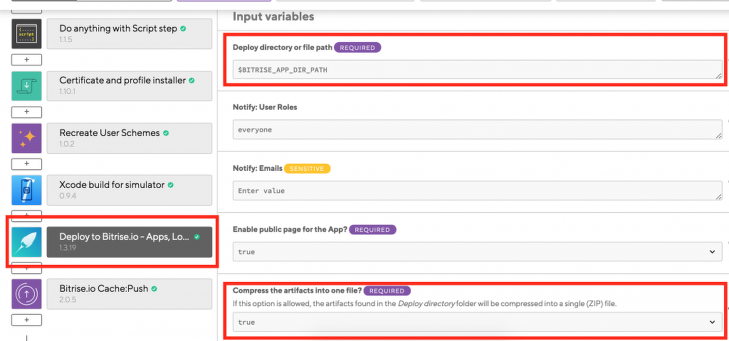 図12 「Deploy to Bitrise.io - Apps, Logs, Artifacts」の設定