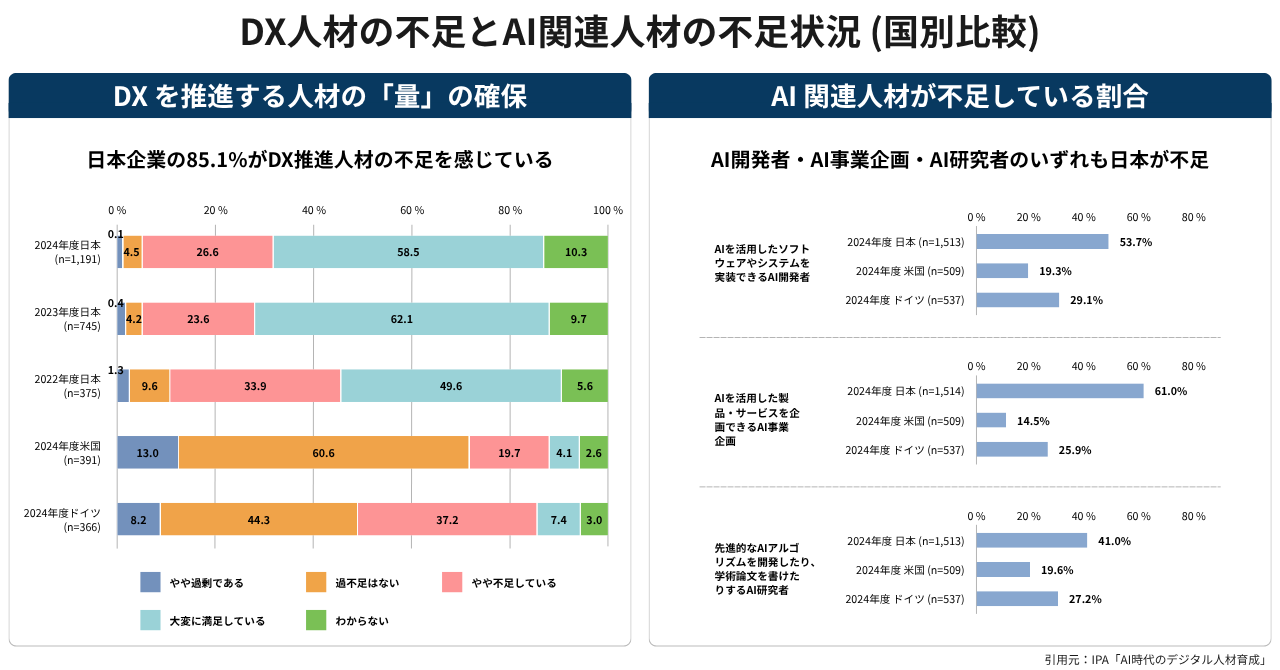 DX人材の不足とAI関連人材の不足状況 (国別比較)