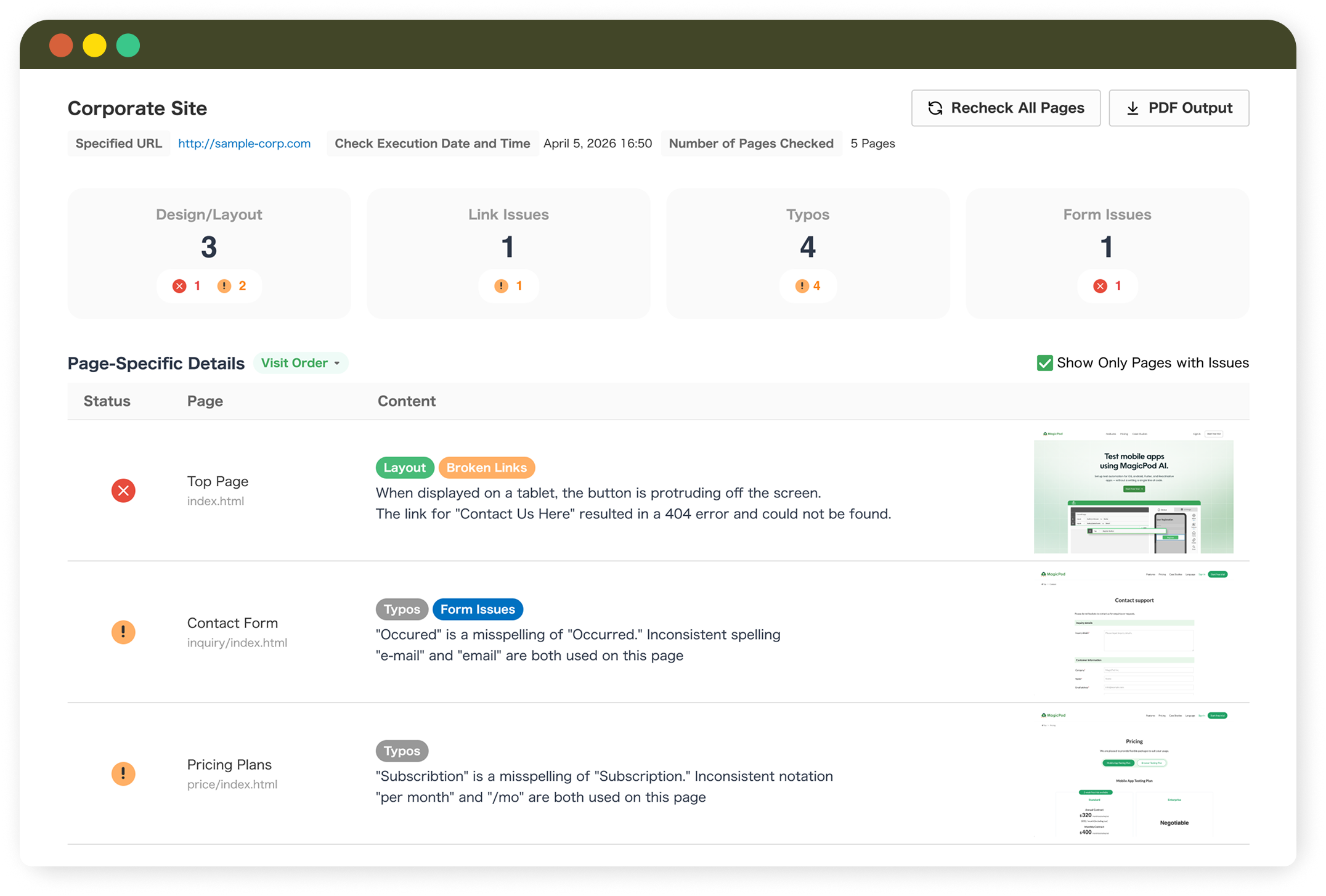 Check results report screen