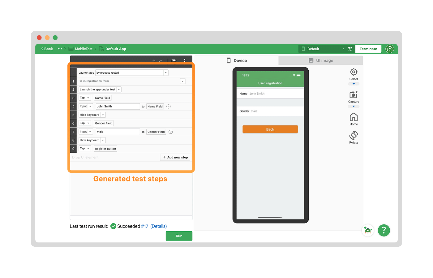 Create a user registration test for a mobile app