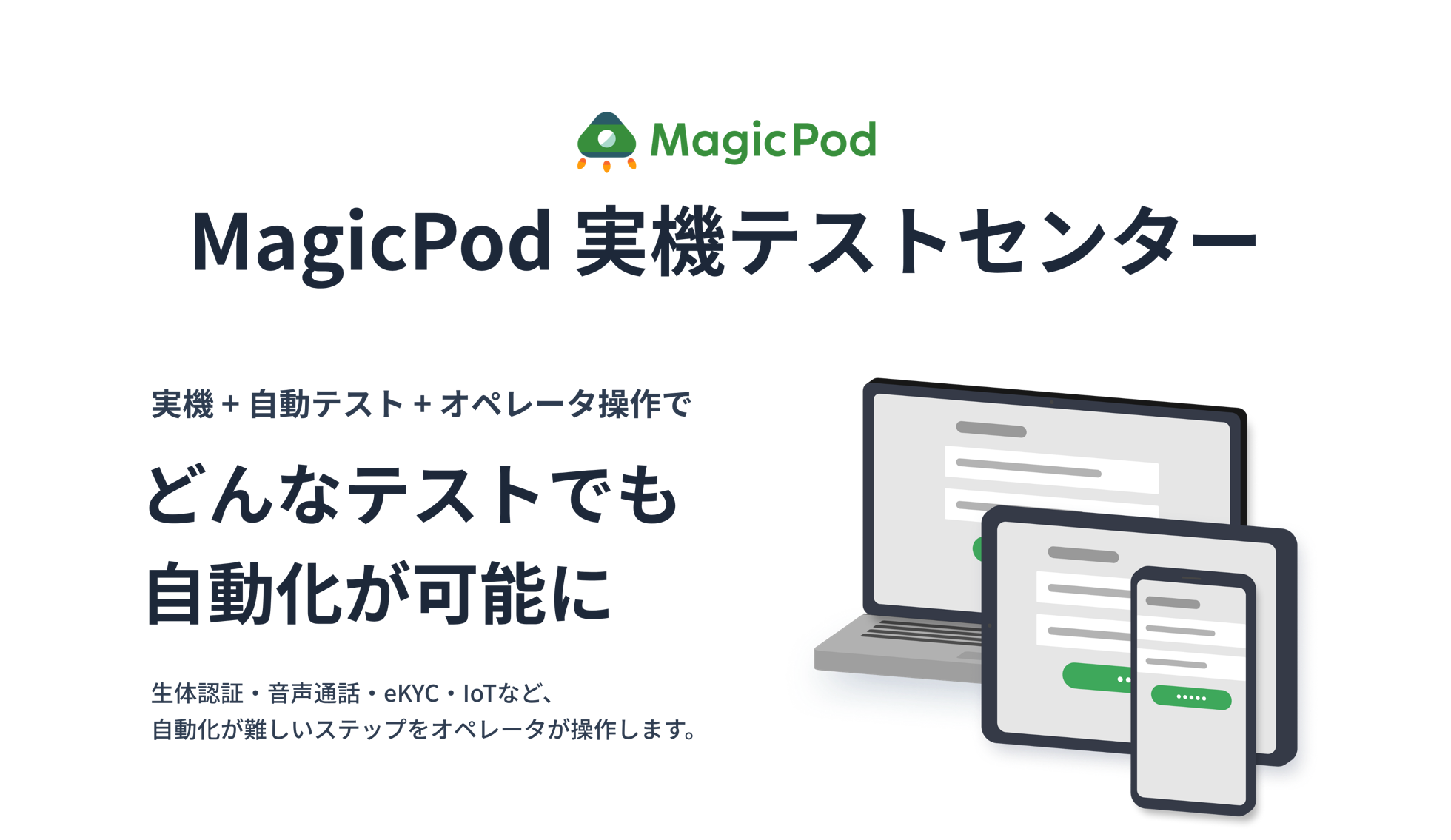MagicPod 実機テストセンター。実機＋自動テスト＋オペレータ操作で、どんなテストでも自動化が可能に。生体認証・音声通話・eKYC・IoTなど、自動化が難しいステップをオペレータが操作します